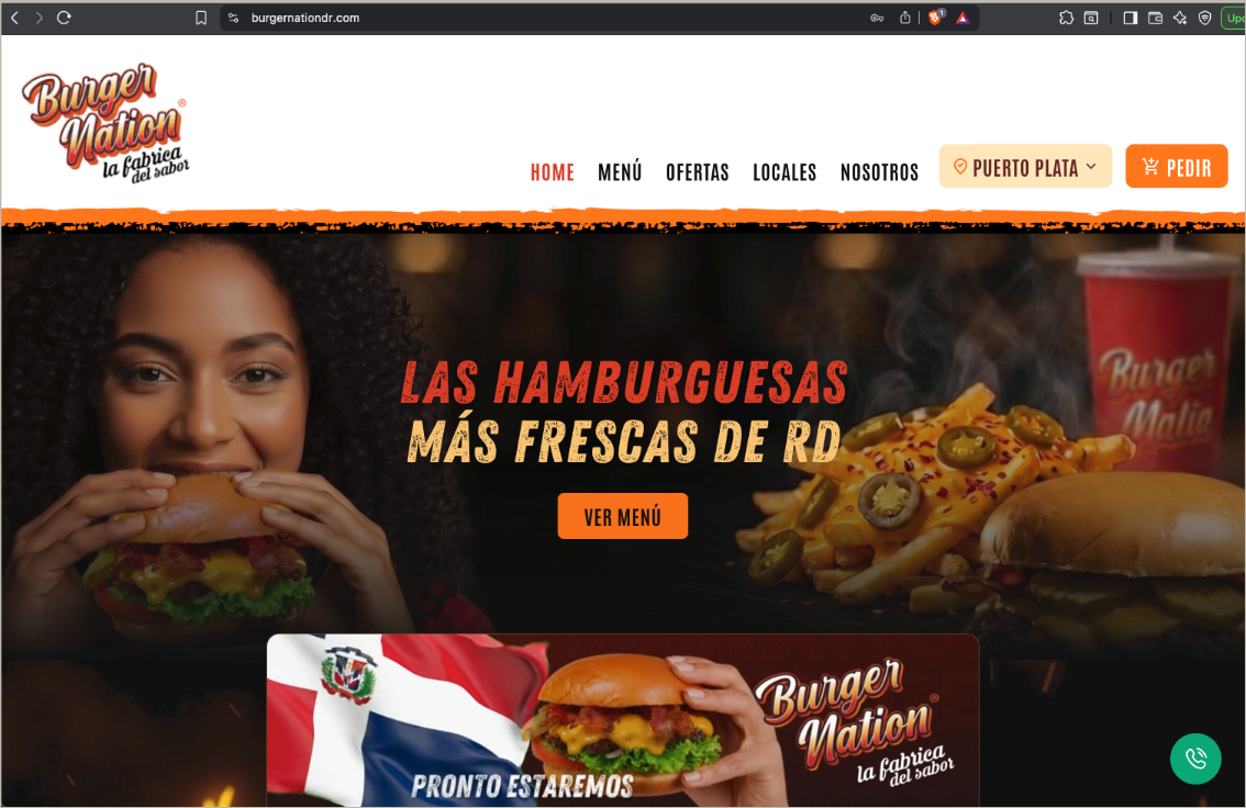 Burger Nation website hero — “Las hamburguesas más frescas de RD”